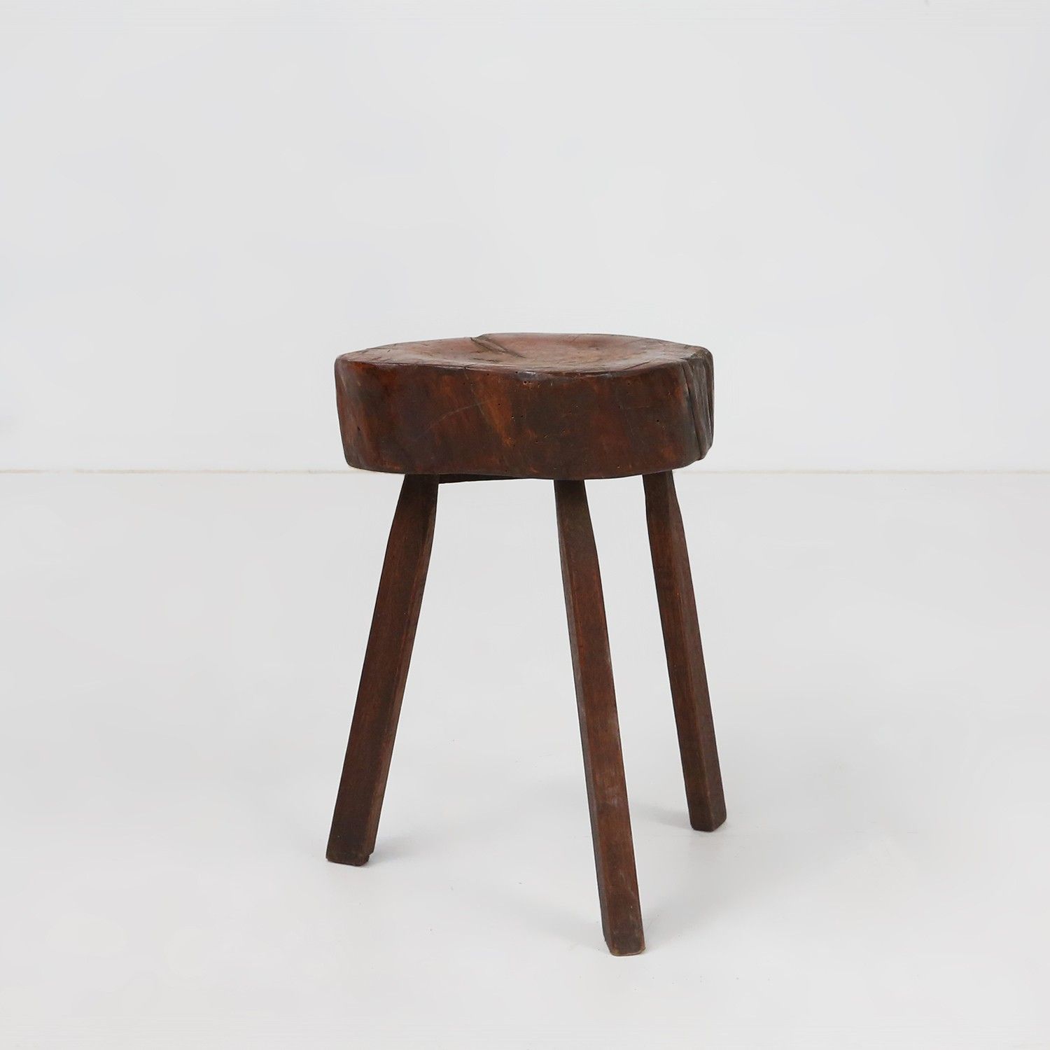 Rustic wooden tripod stool with tree trunk seat, France ca. 1900-img
